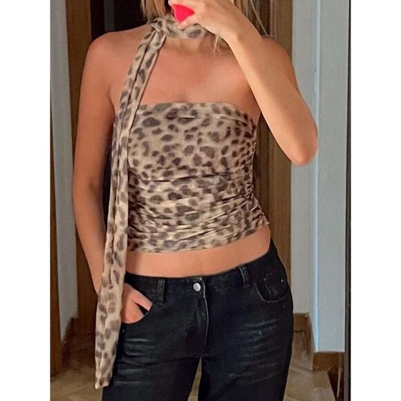 Womens Y2K Preppy Leopard Boho  Halter Crop Top - Picture 6 of 7